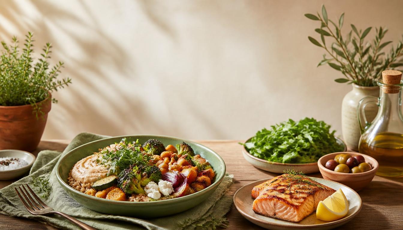 Warm overhead flat-lay of flaxseed, leafy greens, berries, salmon, walnuts and olive oil on a wooden table